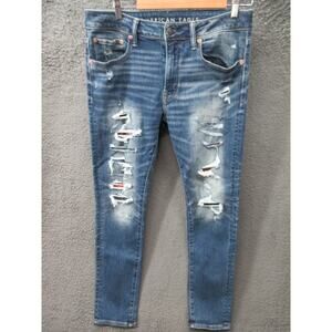American Eagle Jeans Mens 34x32 Airflex 360 Slim Patched Distressed Denim
